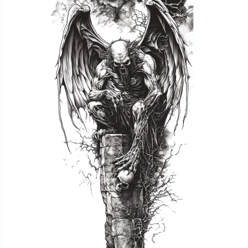 Intense tattoo design with gargoyle and Angel of Death.