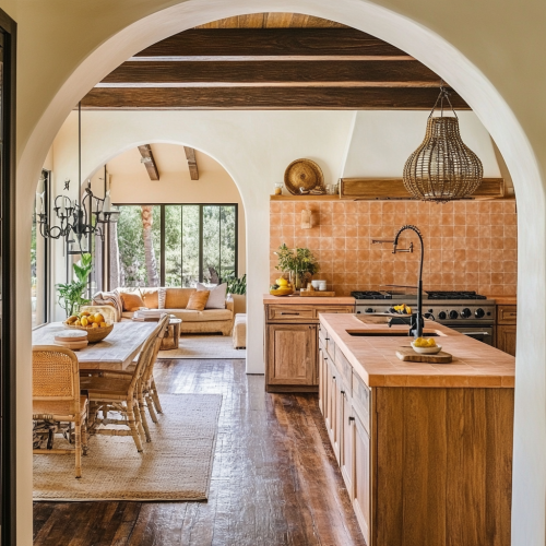 Interior bungalow kitchen with arch into living room