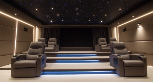 Interior photograph of modern cinema room with black ceiling.