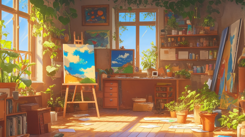 Interior scenes, Ghibli style, artist's studio brimming with creativity.