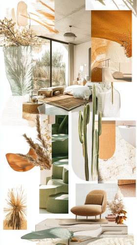 Interiors and decor moodboard with warm tones, boho style. Interiors and decor moodboard with warm tones, boho style.