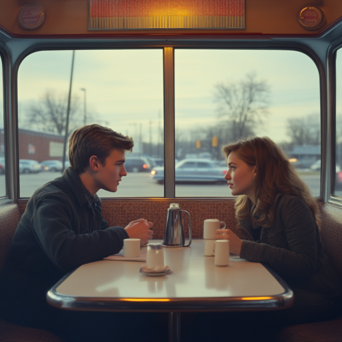 Intimate moment in cozy diner booth, nostalgic lighting Intimate moment in cozy diner booth, nostalgic lighting