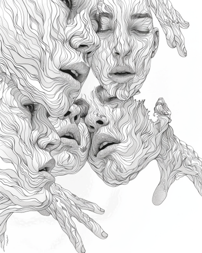 Intriguing black and white intertwined human forms