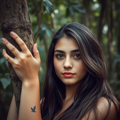 Iranian Woman Beside a Tree in Jungle