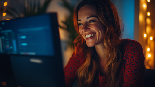 Irish woman smiling at computer, engaging with virtual community.