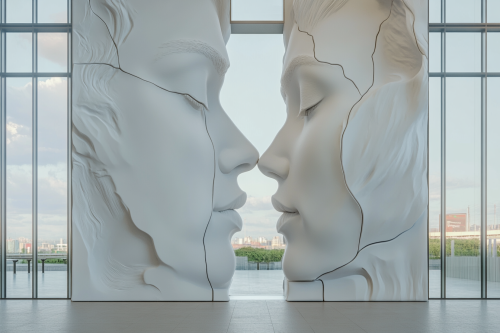 Isometric perspective environment, two large doors, man and woman.