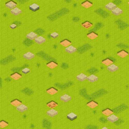 Isometric videogame grass tiles in ultra-detailed perspective.