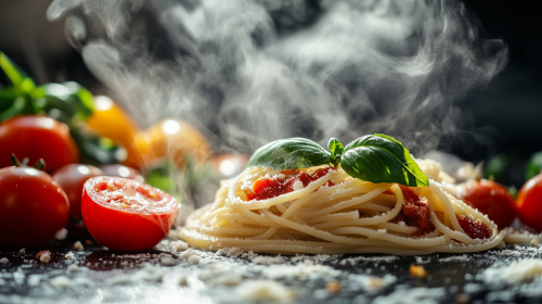 Italian spaghetti pasta with sauce, tomatoes, basil, parmesan, steam at traditional restaurant.