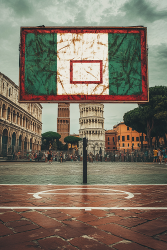 Italian-themed basketball backboard with flag, landmarks, locals.