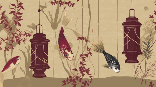 Japanese Bamboo, Koi Fish, Lanterns in Sandy Scene