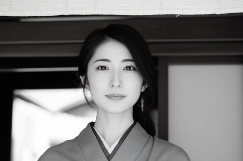 Japanese Landlady in Kimono Smiling by Building