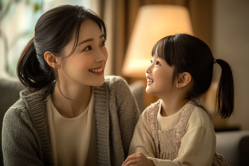 Japanese Mother and Daughter in Elegant Living Room
