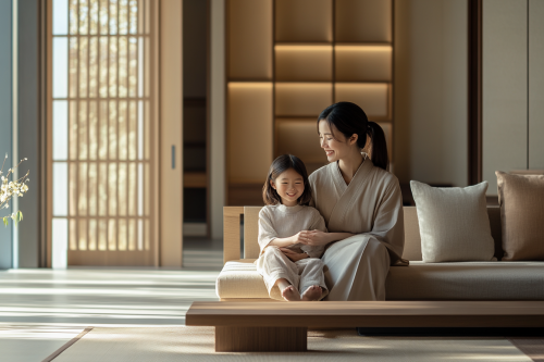 Japanese Mother and Daughter in Modern Home