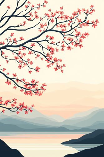 Japanese Sakura Bloom Landscape in Hiroshi Nagai Style