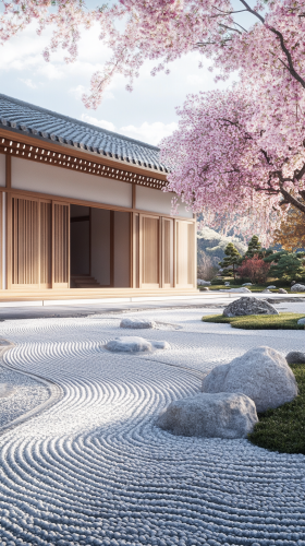Japanese Temple Garden with Weeping Cherry Blossom Tree