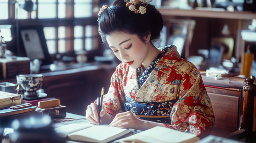 Japanese Woman Writing Story in Luxurious 19th Century Study