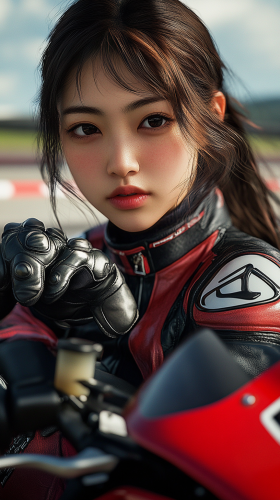 Japanese Woman in Racing Suit on Vibrant Yamaha