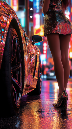 Japanese Woman with Luxury Car in City Lights
