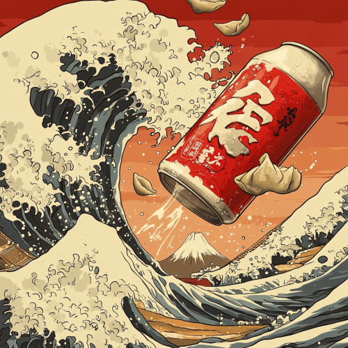 Japanese beer and gyoza soar against graffiti background.