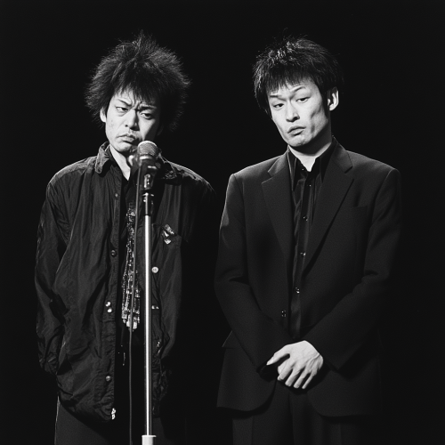 Japanese comedy duo perform on stage passionately pleading