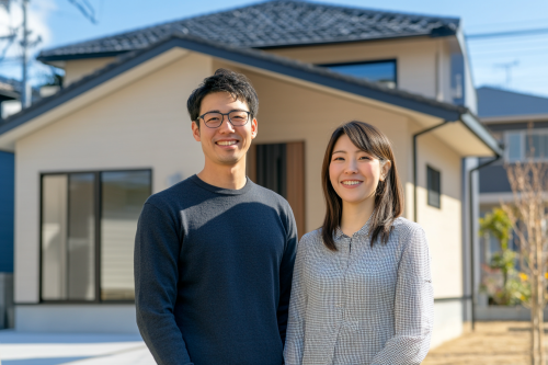 Japanese couple in front of newly built house