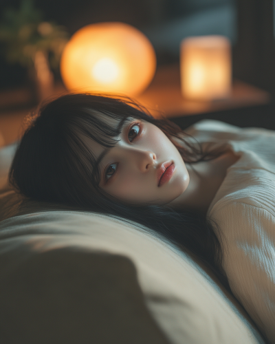 Japanese girl with clavicular-length hair lounging on beige sofa. Japanese girl with clavicular-length hair lounging on beige sofa.