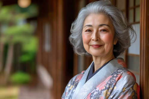 Japanese landlady in kimono smiling in front building