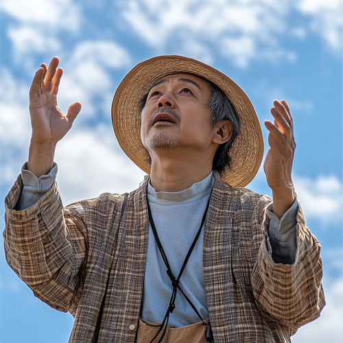 Japanese man in brown hat holding bag under sky