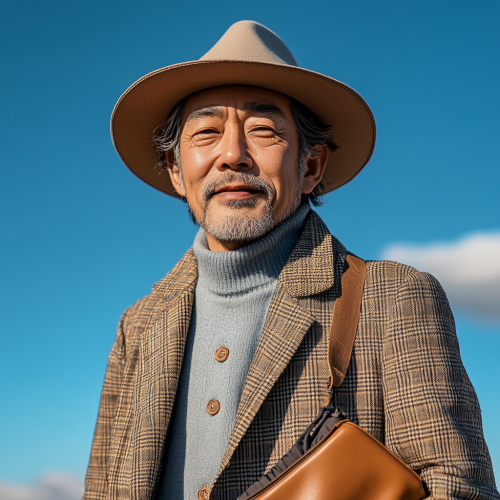 Japanese man in brown outfit poses under blue sky