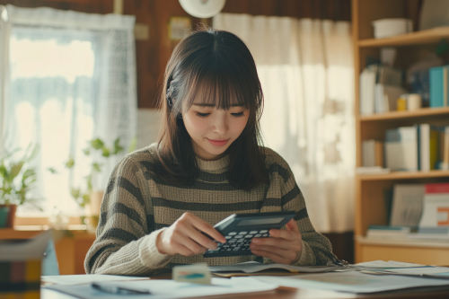 Japanese woman, 30, smiles, budgets with calculator