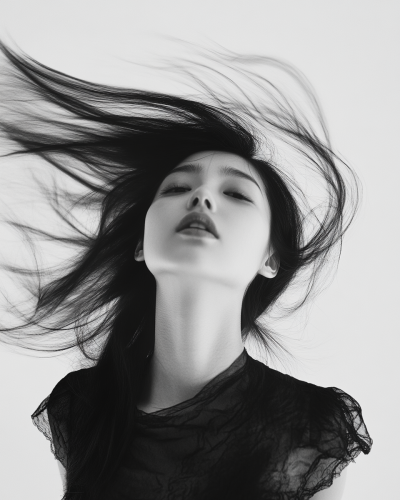 Japanese woman, motion blurred, hair in motion, black and white.
