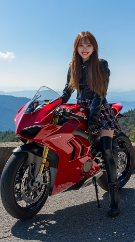 Japanese woman in stylish outfit smiles on Ducati