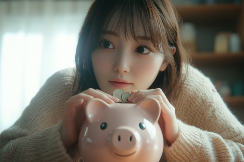Japanese woman saving money in piggy bank