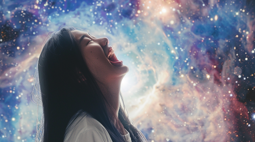 Japanese woman shouting to heavens, with long black hair.
