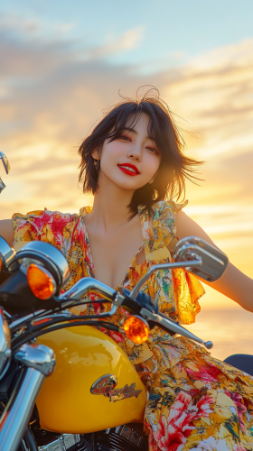 Japanese woman with bob haircut on Harley-Davidson
