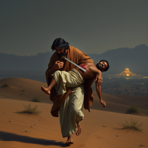 Jesus Carrying Injured Man in Desert Oasis