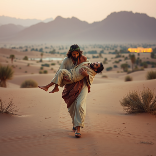 Jesus Carrying Injured Man in a Desert Oasis