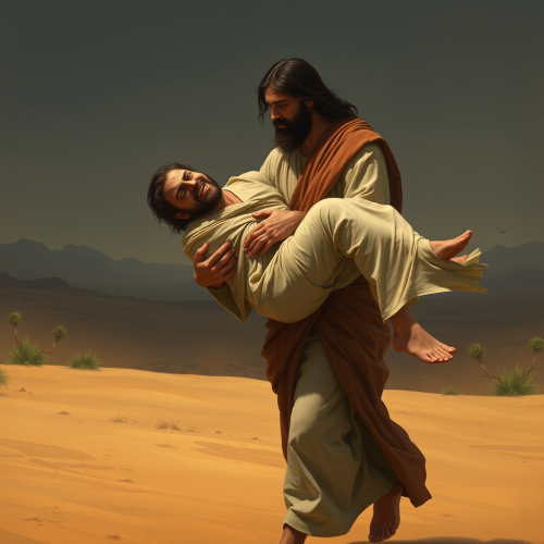 Jesus Carrying a Wounded Man in the Desert