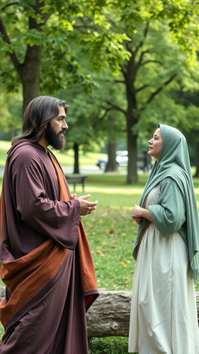 Jesus Speaking with Modern Woman in a Park