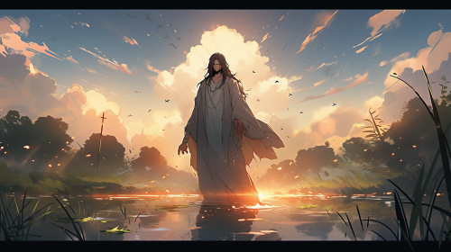 Jesus Standing by River in Bright, Realistic Painting