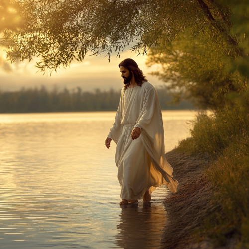 Jesus walking on shore at sunrise, serene and calm.