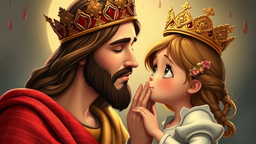 Jesus with crown and blood drops, kisses sad girl Jesus with crown and blood drops, kisses sad girl