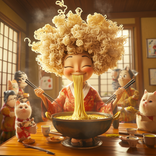 Joyful Japanese Lady with Noodle Hair Enjoying Ramen