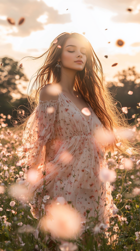Joyful Woman in Flower Field under Sunlight