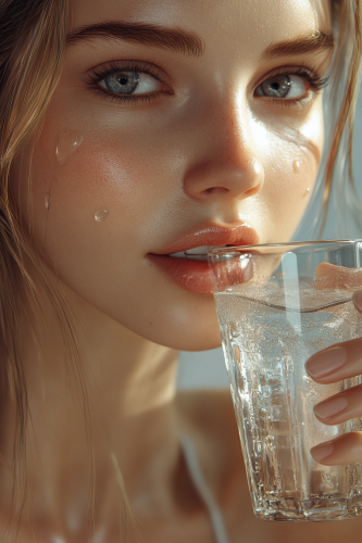 Joyful woman drinking e44691-colored drink in natural light