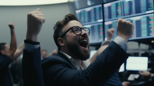 Day trader jubilantly celebrating stock gains