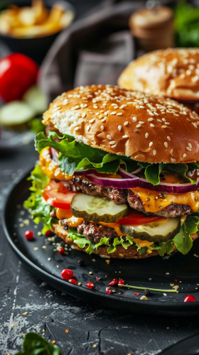 Juicy double cheeseburger on a plate