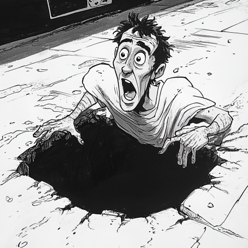 Julius Caesar in toga, stuck in pothole