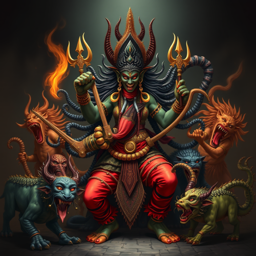 Kali-Ma Holding Weapons Among Mythical Beasts