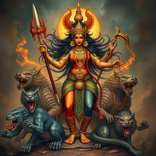 Kali-Ma with Weapons Among Indian Mythical Beasts